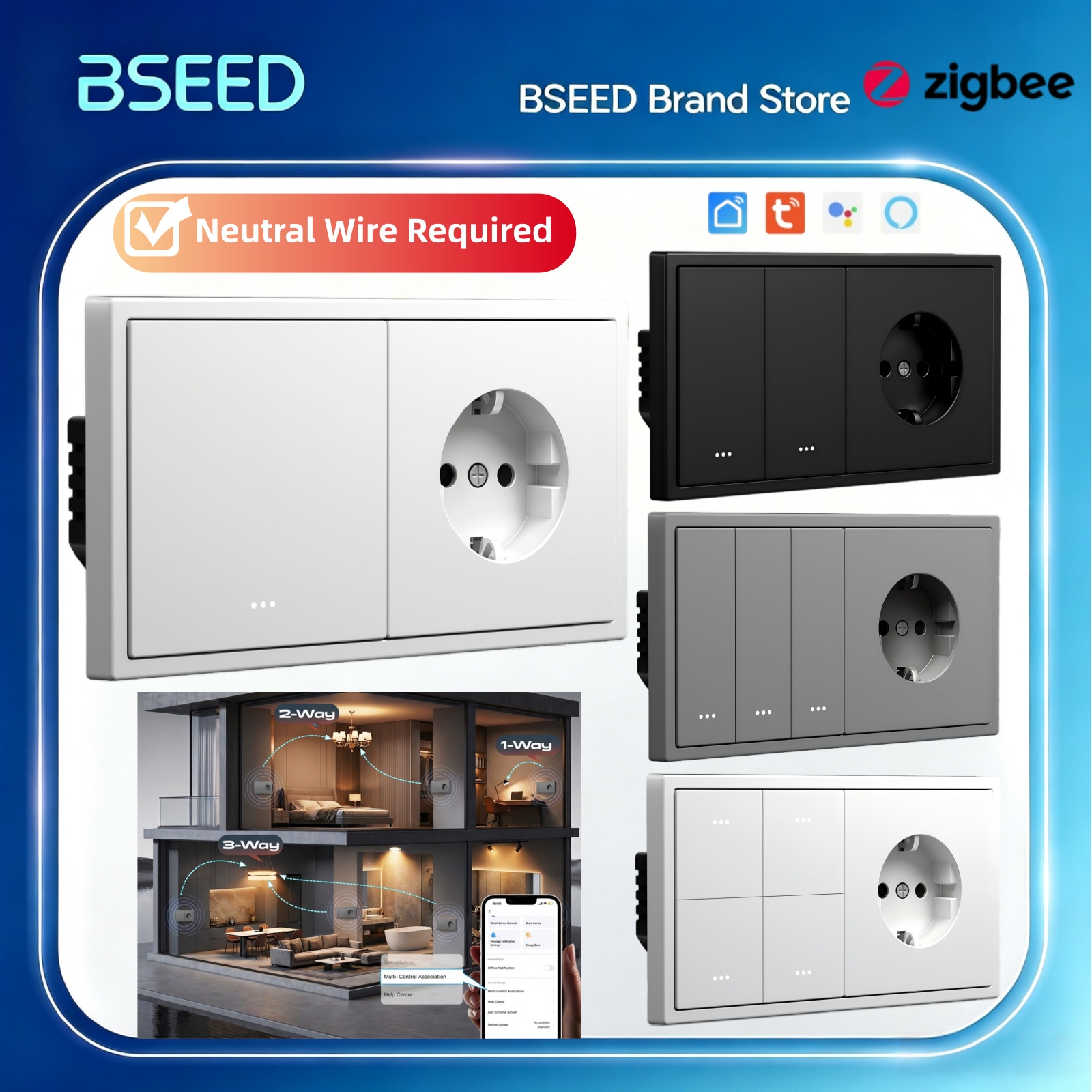 Tuya 4 Channel - สวิตช์ไฟอัจฉริยะ BSEED Zigbee Click Switch แบบ