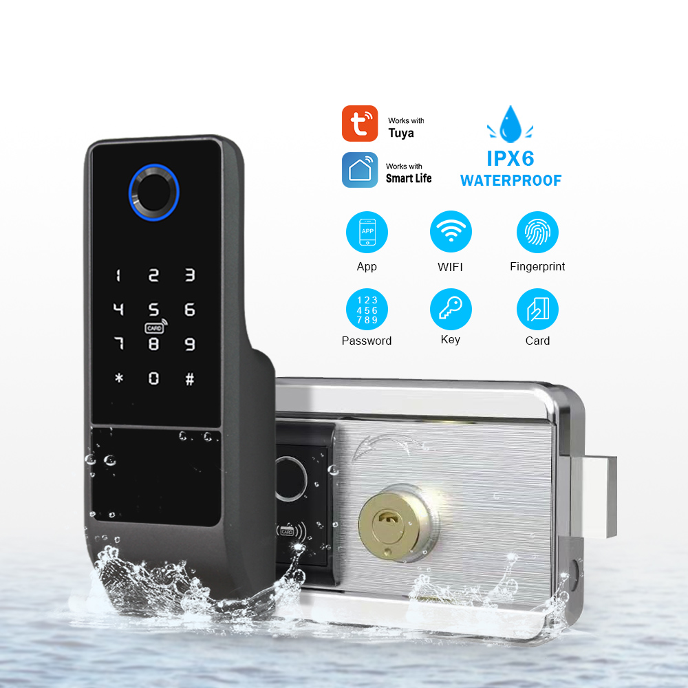 Tuya Smart - ล็อคประตูอัจฉริยะกันน้ำแบบ WiFi ควบคุมผ่านแอป Tuya พร้อมระบบสแกนลายนิ้วมือสองด้าน รองรับการ์ดหน่วยความจำ